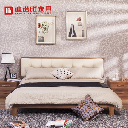 迪诺雅简约卧室家具板木结合双人床1.8米软靠真皮实木床现货